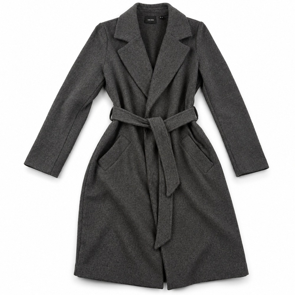 Vero Moda Long Wrap Coat Womens XS Grey Belted Notched Lapel Pockets